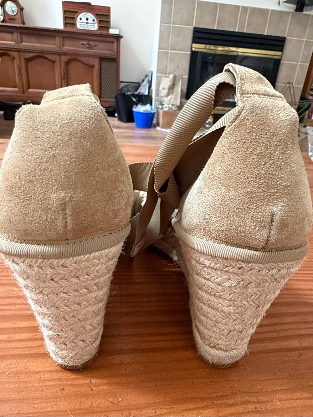 Veronica Beard Beige Suede Espadrille Wedge Sandals with Ankle Tie, size 8.5